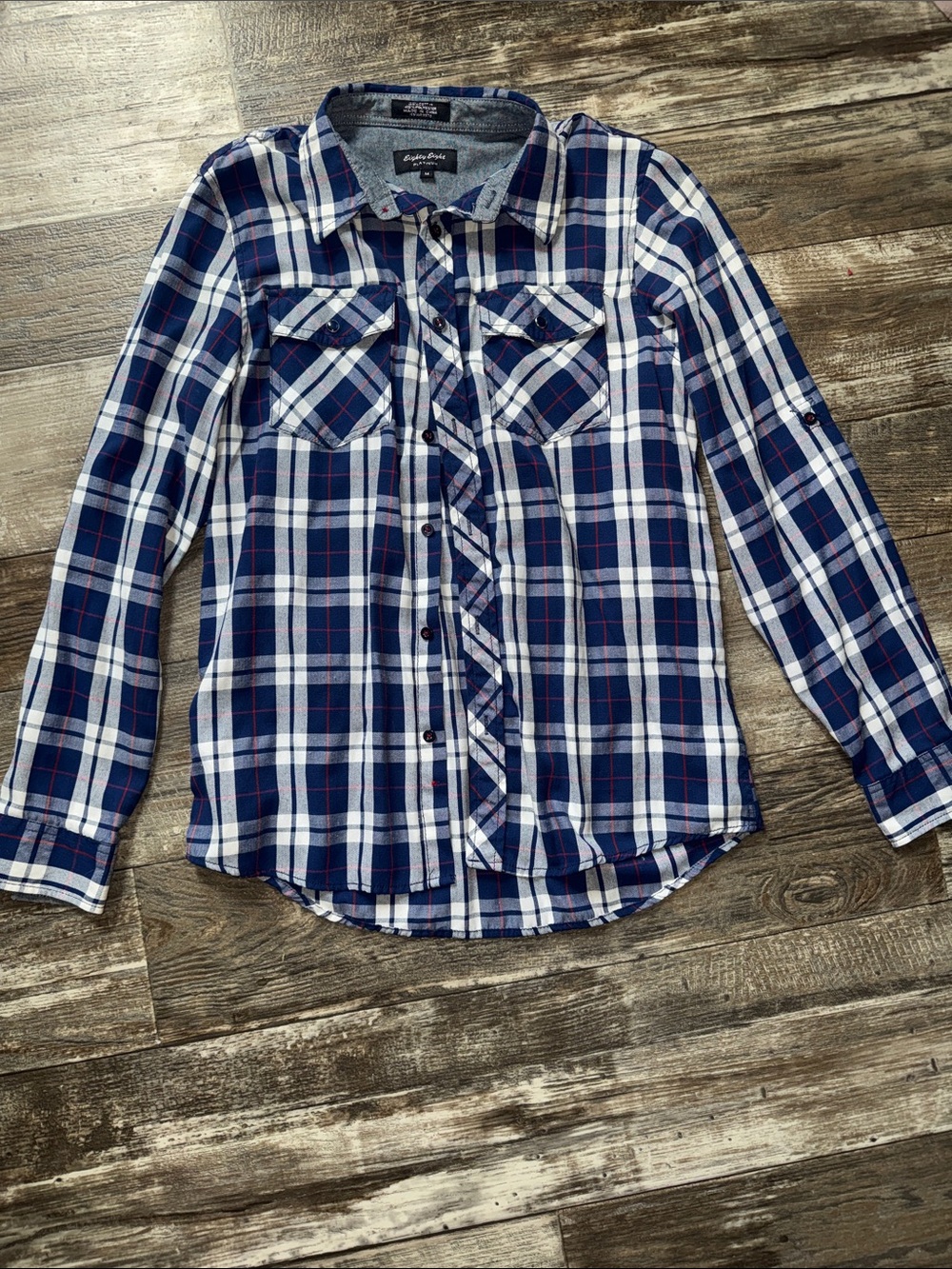 Eighty Eight Blue and White Plaid Shirt with Red Accents